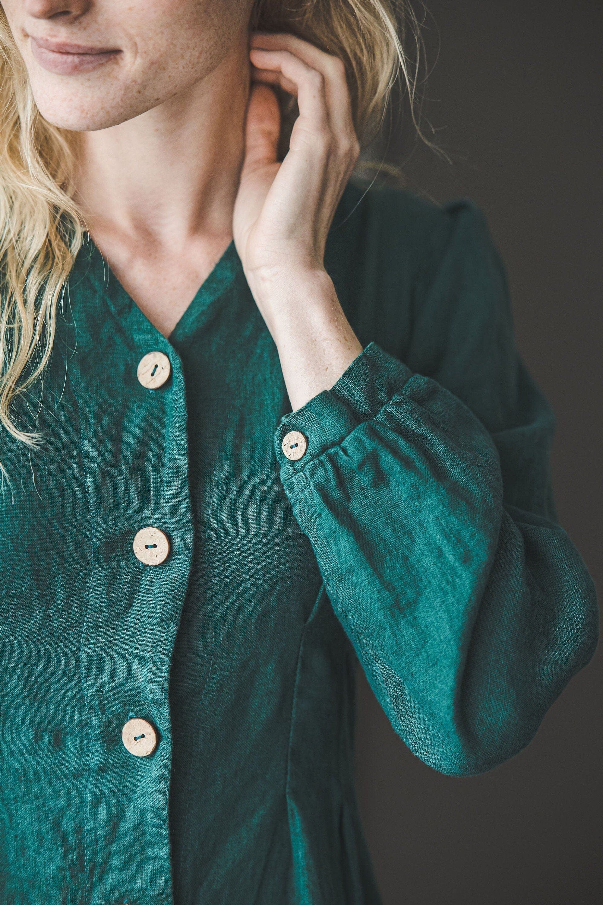 Linen Dress Buttons Down with 3/4 Sleeves D28-2 Old Linen Mill