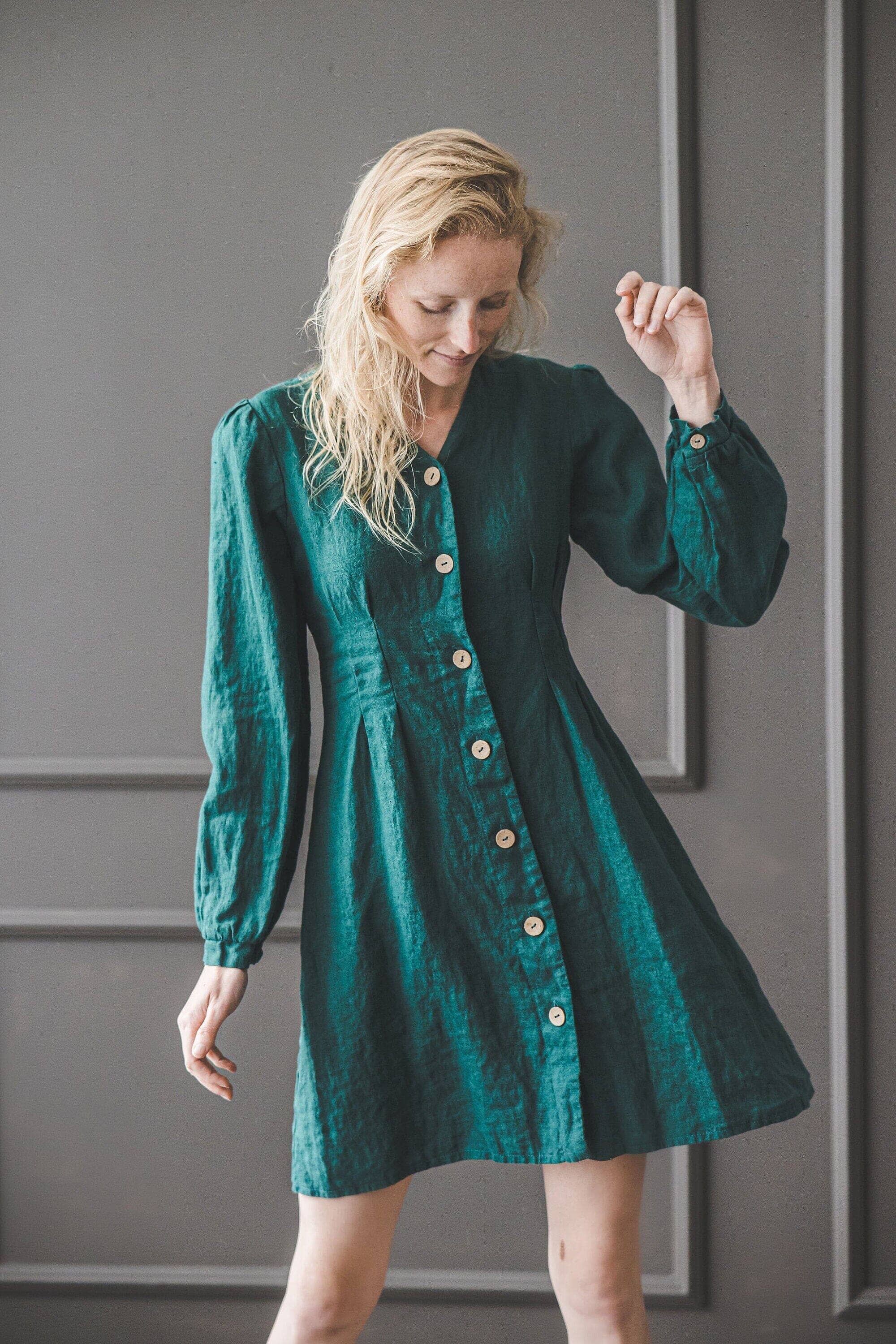 Linen Dress Buttons Down with 3/4 Sleeves D28-2 Old Linen Mill