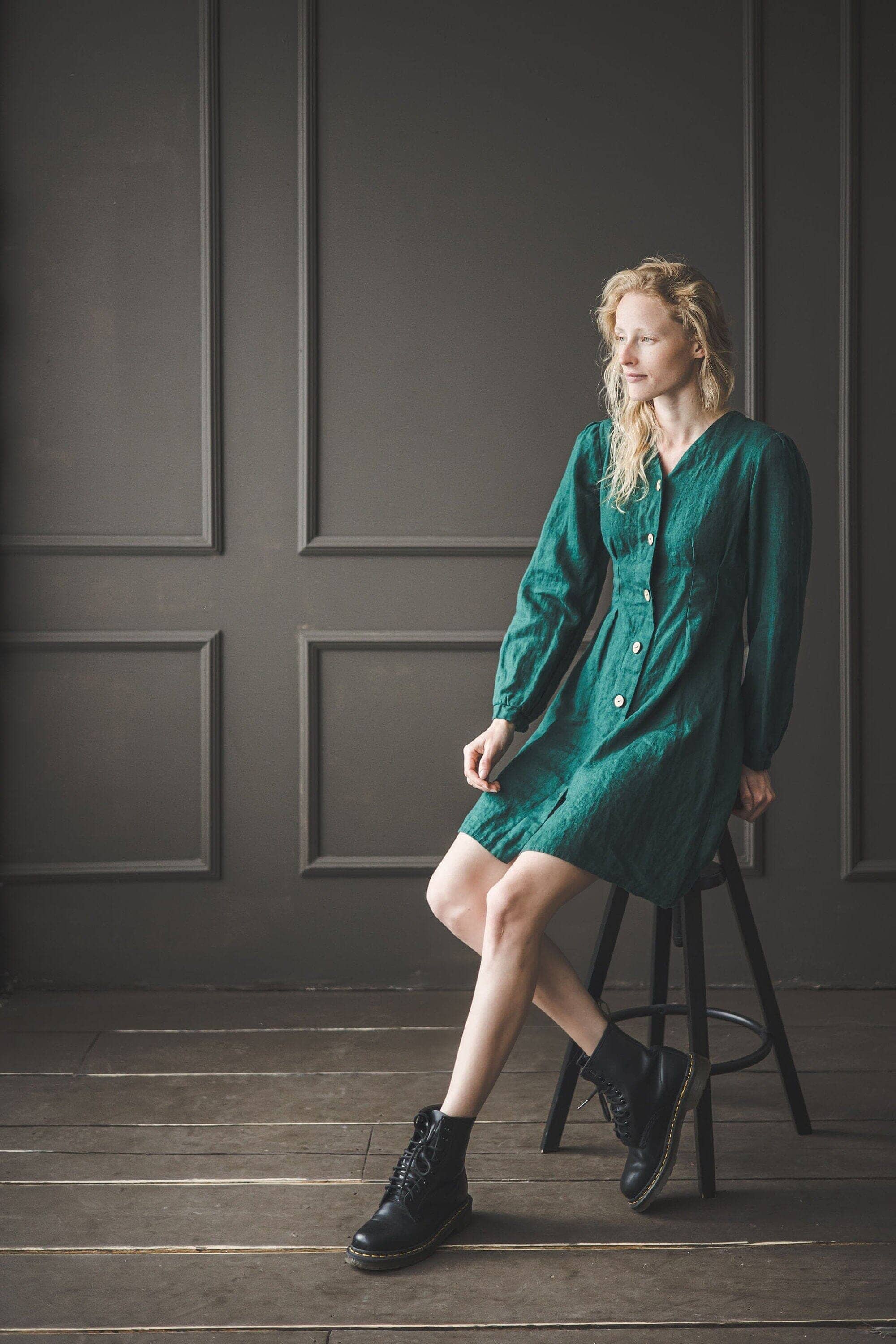 Linen Dress Buttons Down with 3/4 Sleeves D28-2 Old Linen Mill