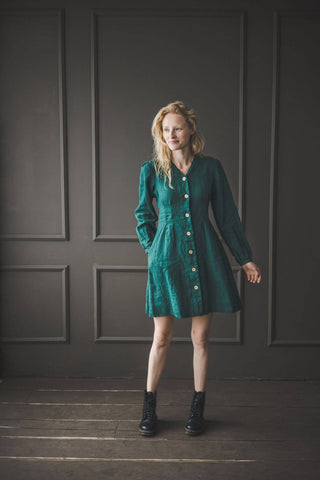 Linen Dress Buttons Down with 3/4 Sleeves D28-2 Dark Forest / XS Old Linen Mill