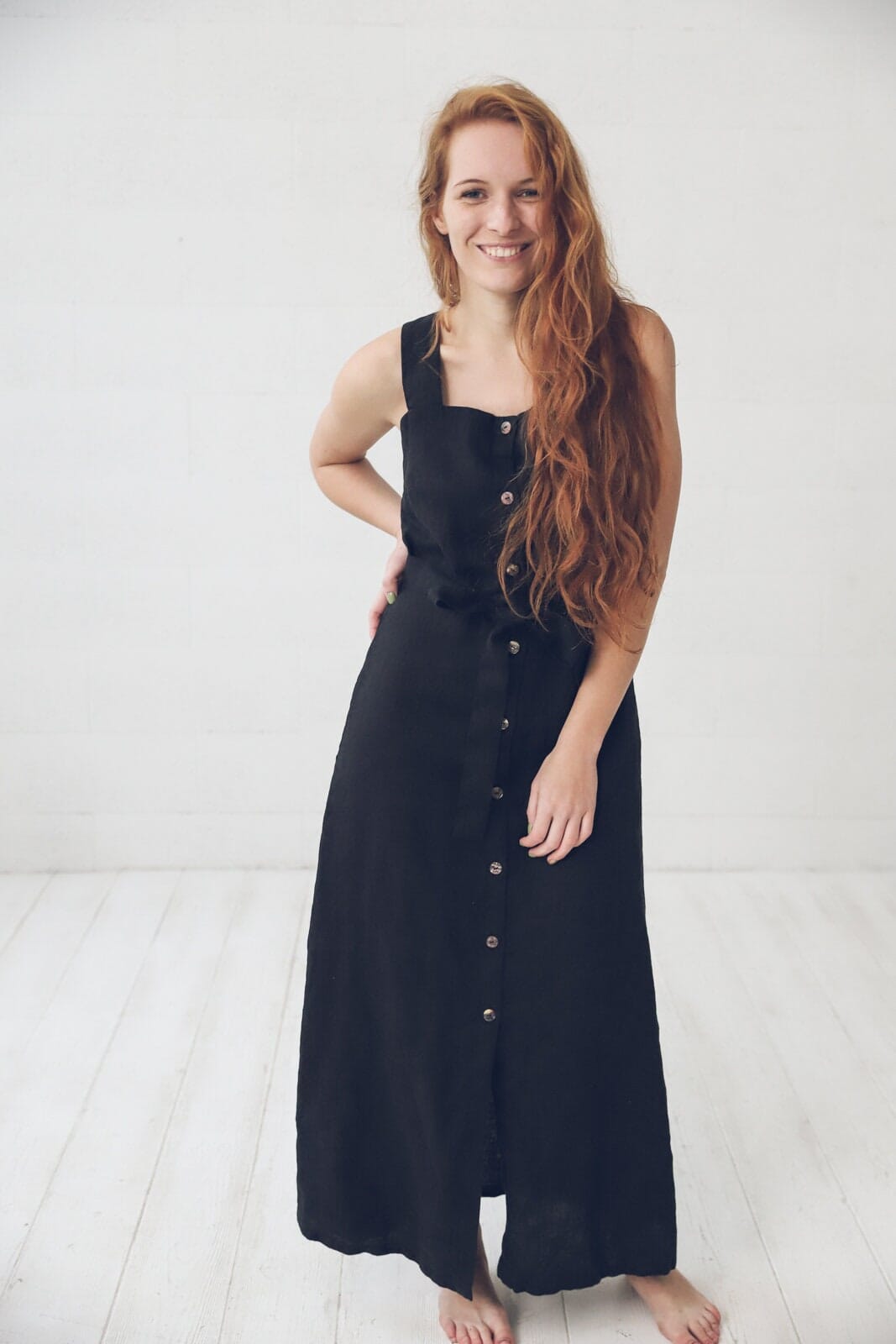 Linen Dress Buttons Sleeveless Old Linen Mill Small Grey Checks XS 