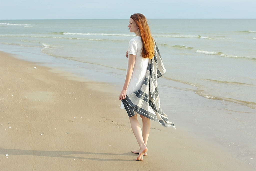 Linen Huckaback Beach Towel White Gray Striped, Linen Beach Towel (Copy) Beach Towel Old Linen Mill