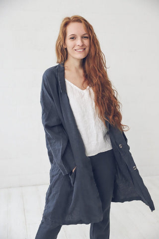 Linen Jacket with Pockets Old Linen Mill Small Grey Checks XS/S 