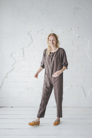 Linen Jumpsuit Maxi Length Old Linen Mill Small Grey Checks XS 