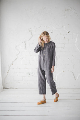 Linen Jumpsuit with Front Pockets Old Linen Mill Small Grey Checks XS 