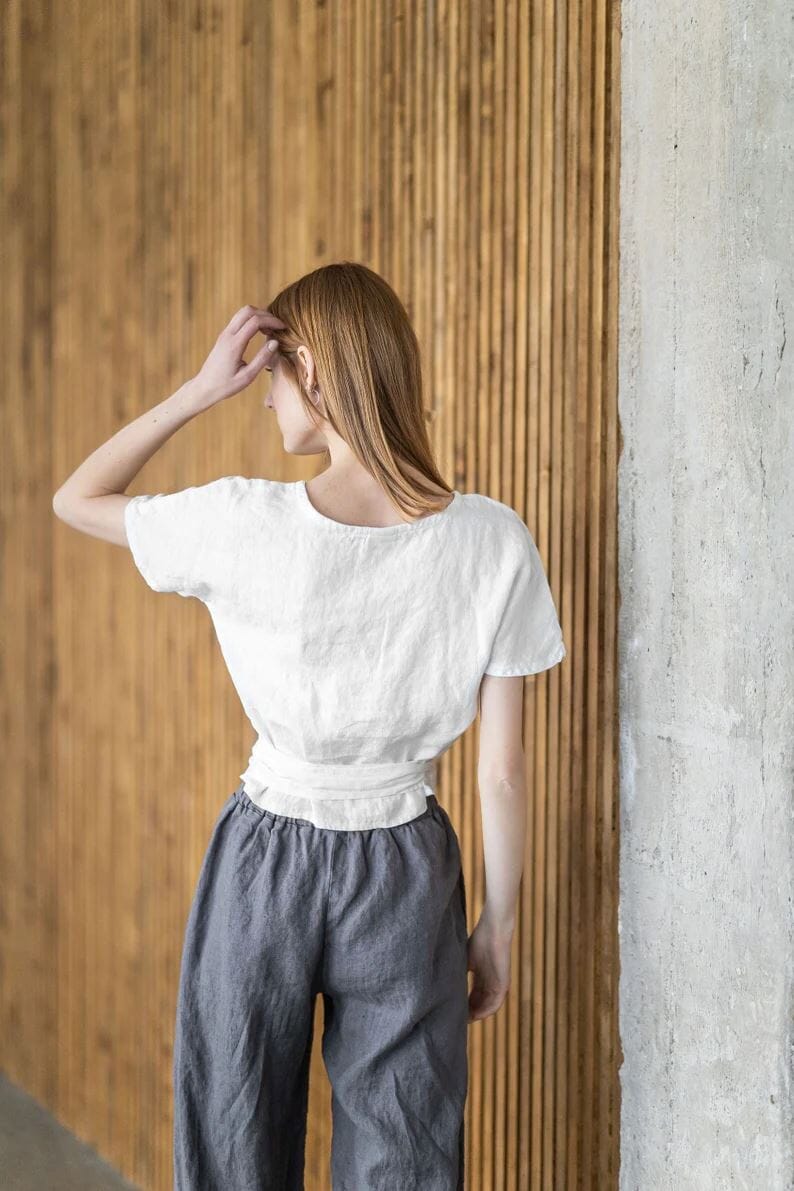 Linen Kimono Front Knot Blouse Old Linen Mill 