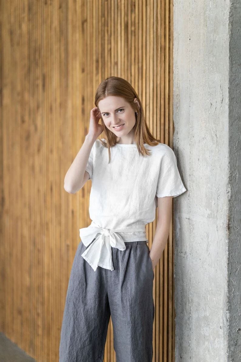 Linen Kimono Front Knot Blouse Old Linen Mill 