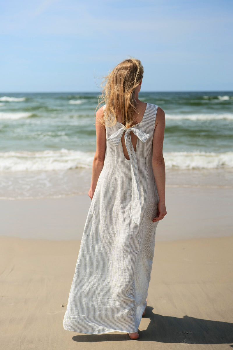Linen Maxi Summer Bow Dress FLORA D58 Old Linen Mill