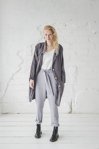 Linen Oversized Jacket with Side Pockets Old Linen Mill Small Grey Checks XS/S 