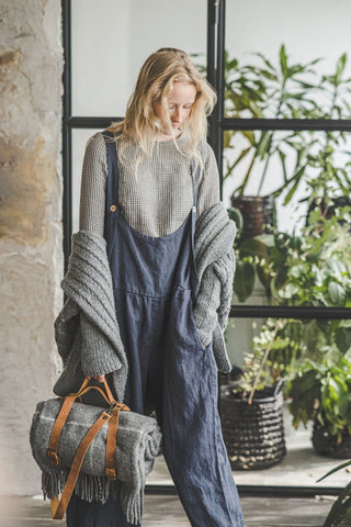 Linen Oversized Unisex Jumpsuit Old Linen Mill Small Grey Checks XS/S 