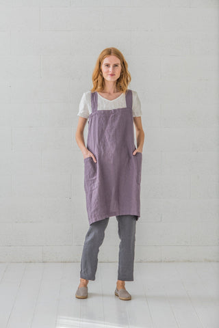 Linen Pinafore Apron Dress with Pockets Old Linen Mill Small Grey Checks XS/S 