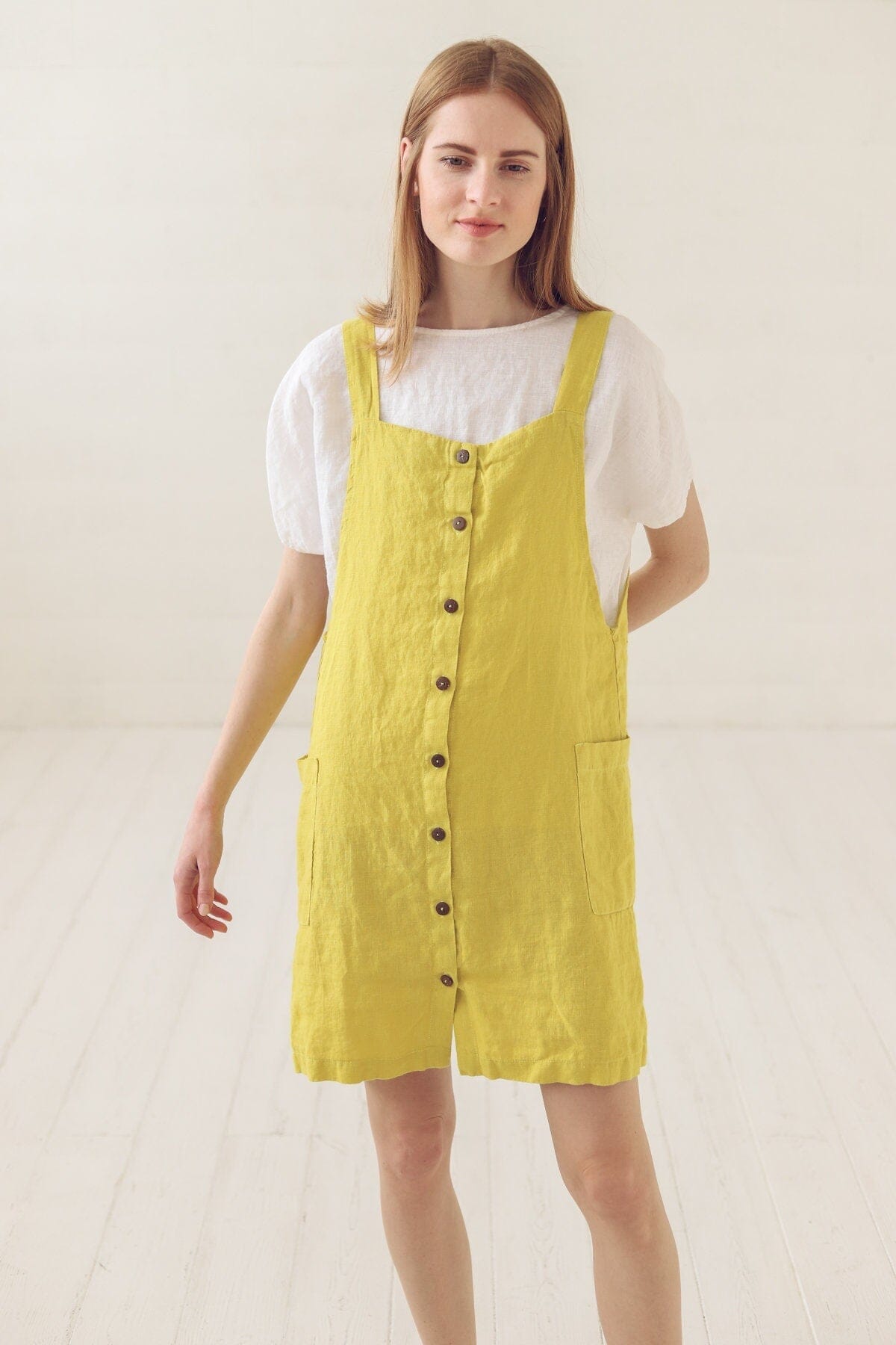 Women Girls Vintage Cute Pleated Apron O Neck Gardening Works Cotton  Sleeveless Overall Smock Pinafore Dress (white, 40