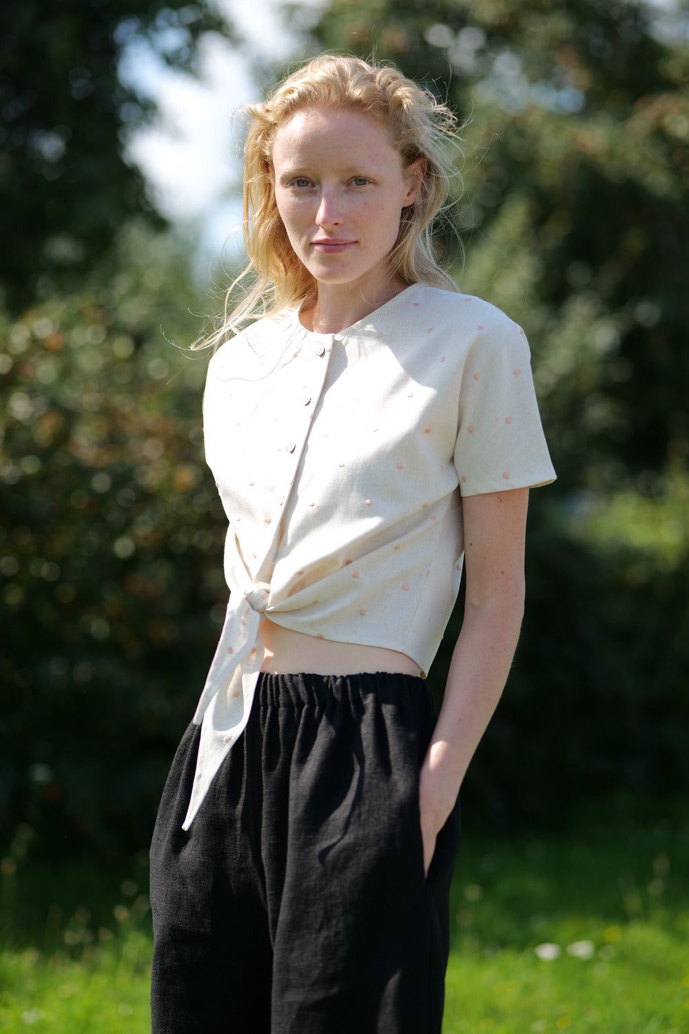 Linen Polka Dot Buttoned Top Salsa T26 Old Linen Mill