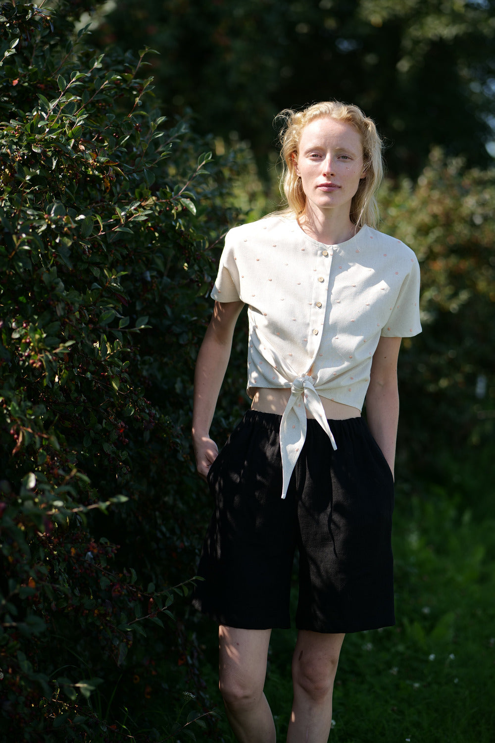 Linen Polka Dot Buttoned Top Salsa T26 Old Linen Mill