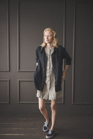 Linen Shirt Jacket with Pockets Old Linen Mill Heavy Black XS/S 