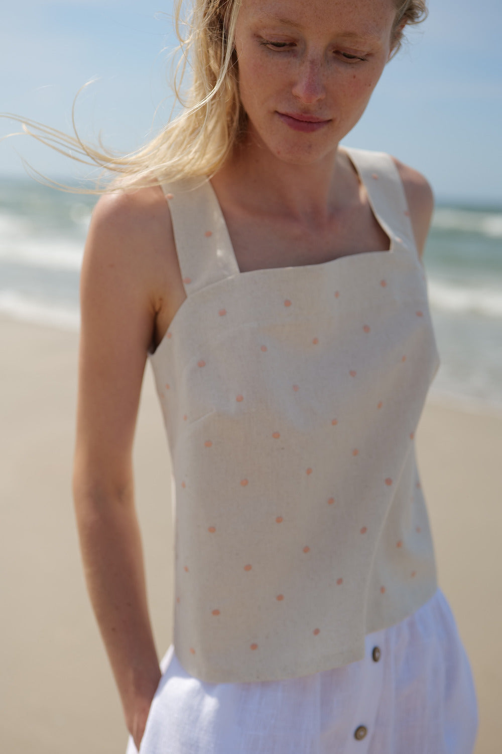 Linen Summer Peach Dots Top Cha-Cha T58 Old Linen Mill