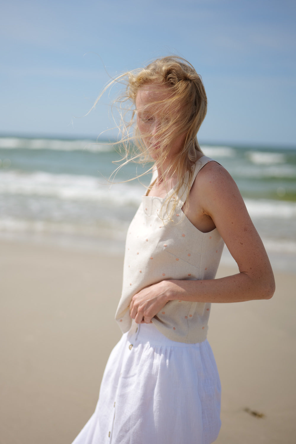 Linen Summer Peach Dots Top Cha-Cha T58 Old Linen Mill