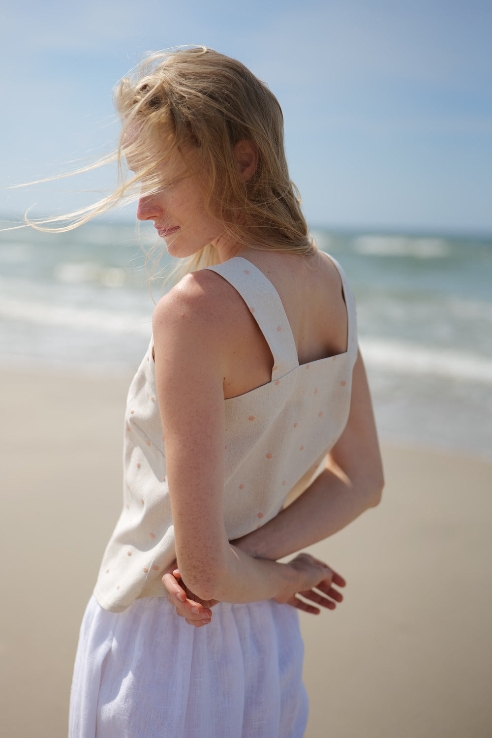 Linen Summer Peach Dots Top Cha-Cha T58 Old Linen Mill