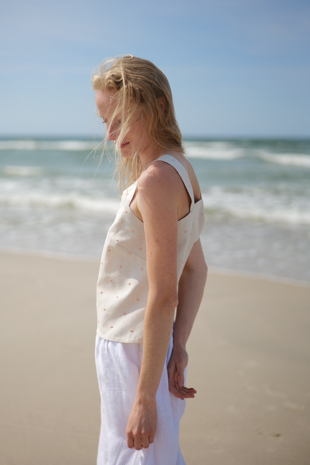 Linen Summer Peach Dots Top Cha-Cha T58 Old Linen Mill