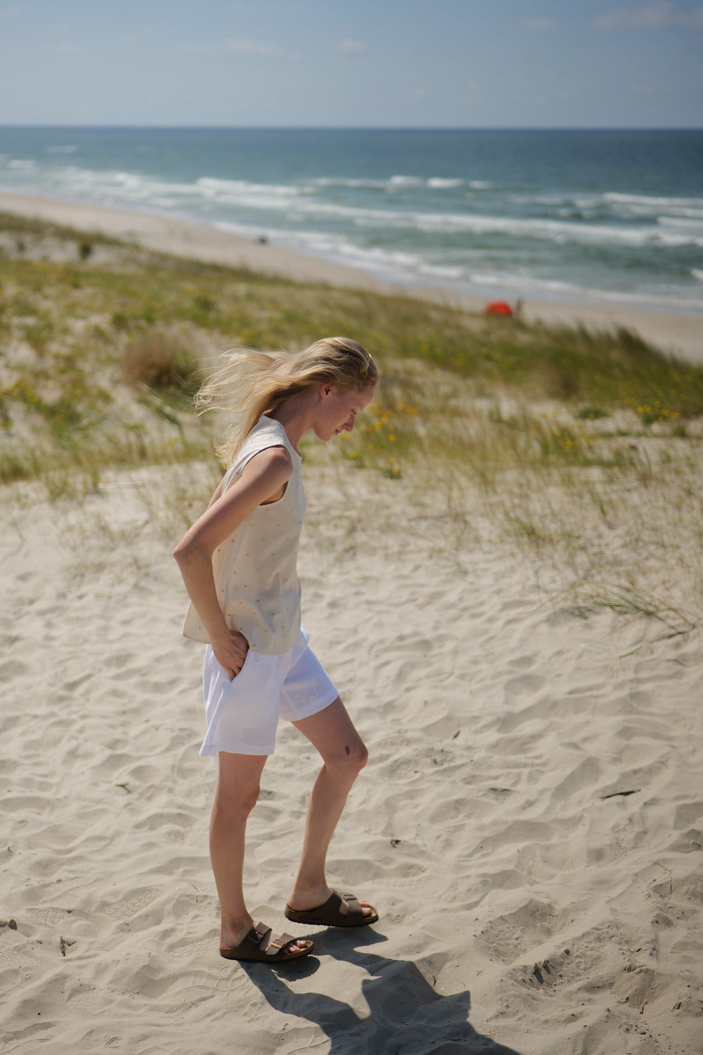 Linen Summer Polka Dot Top worn together with heavy linen shorts