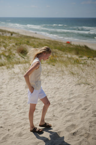 Linen Summer Polka Dot Top worn together with heavy linen shorts