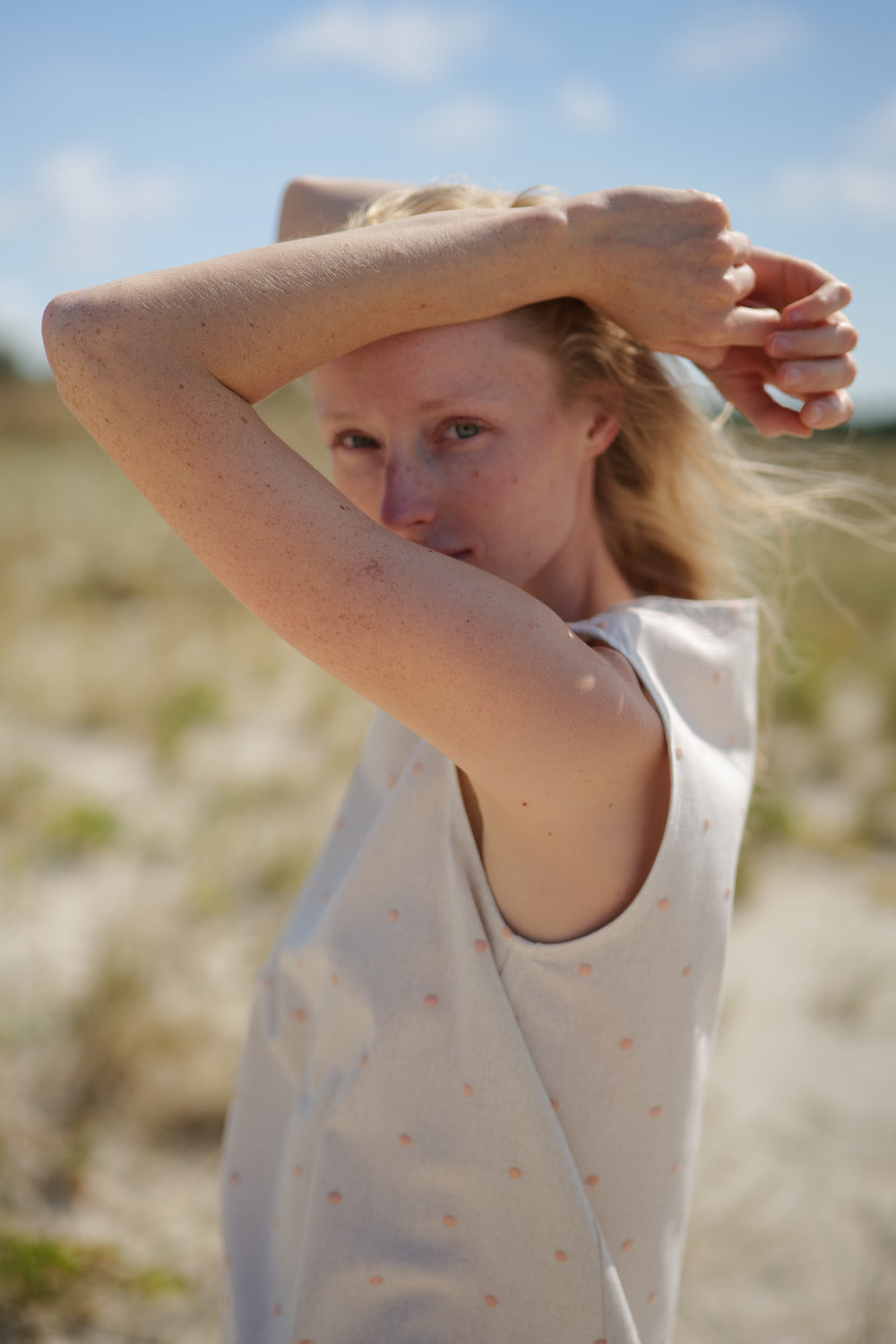 Linen Summer Polka Dot Top Cumbia picture taken at the beach