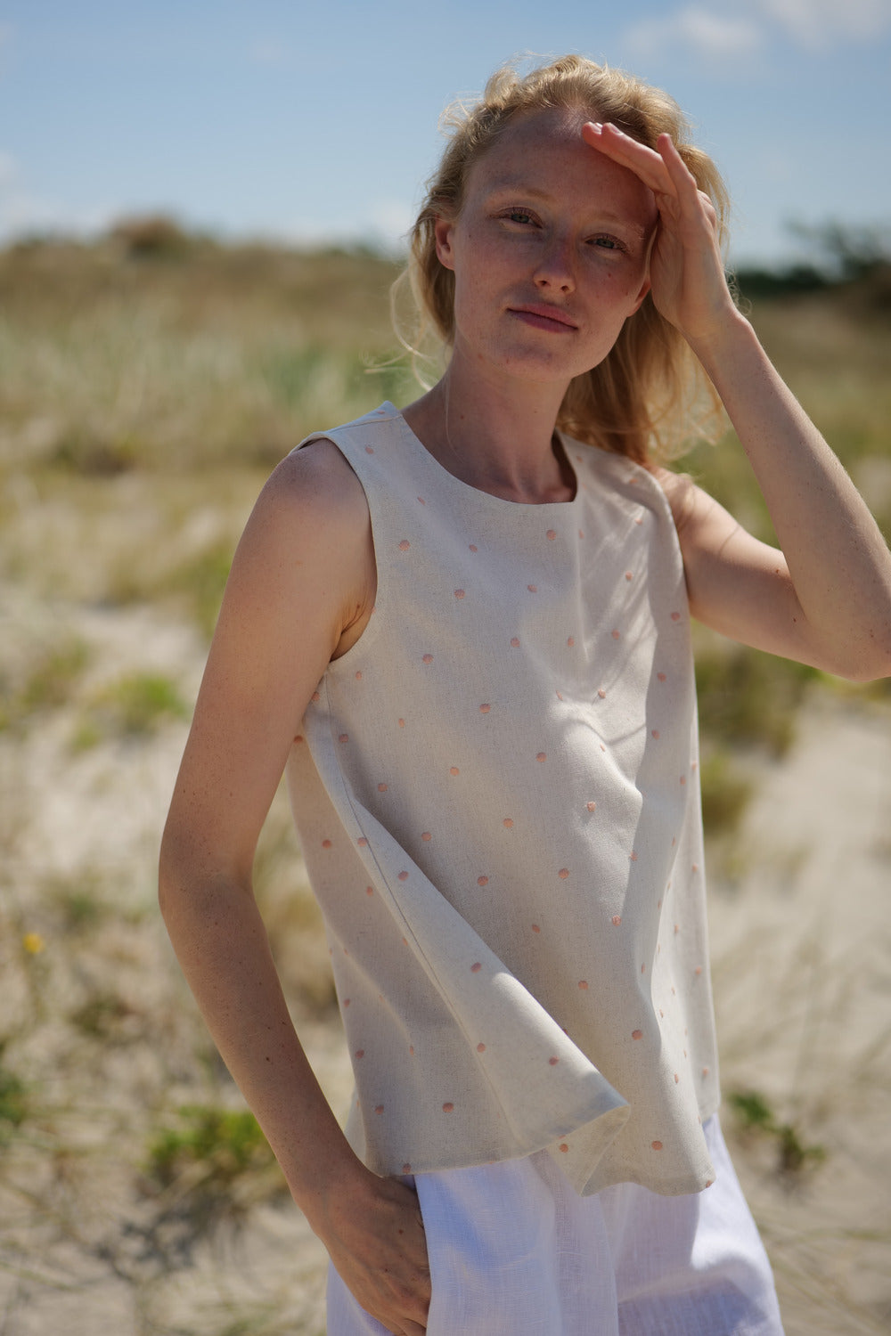 Linen Summer Polka Dot Top Cumbia close up picture