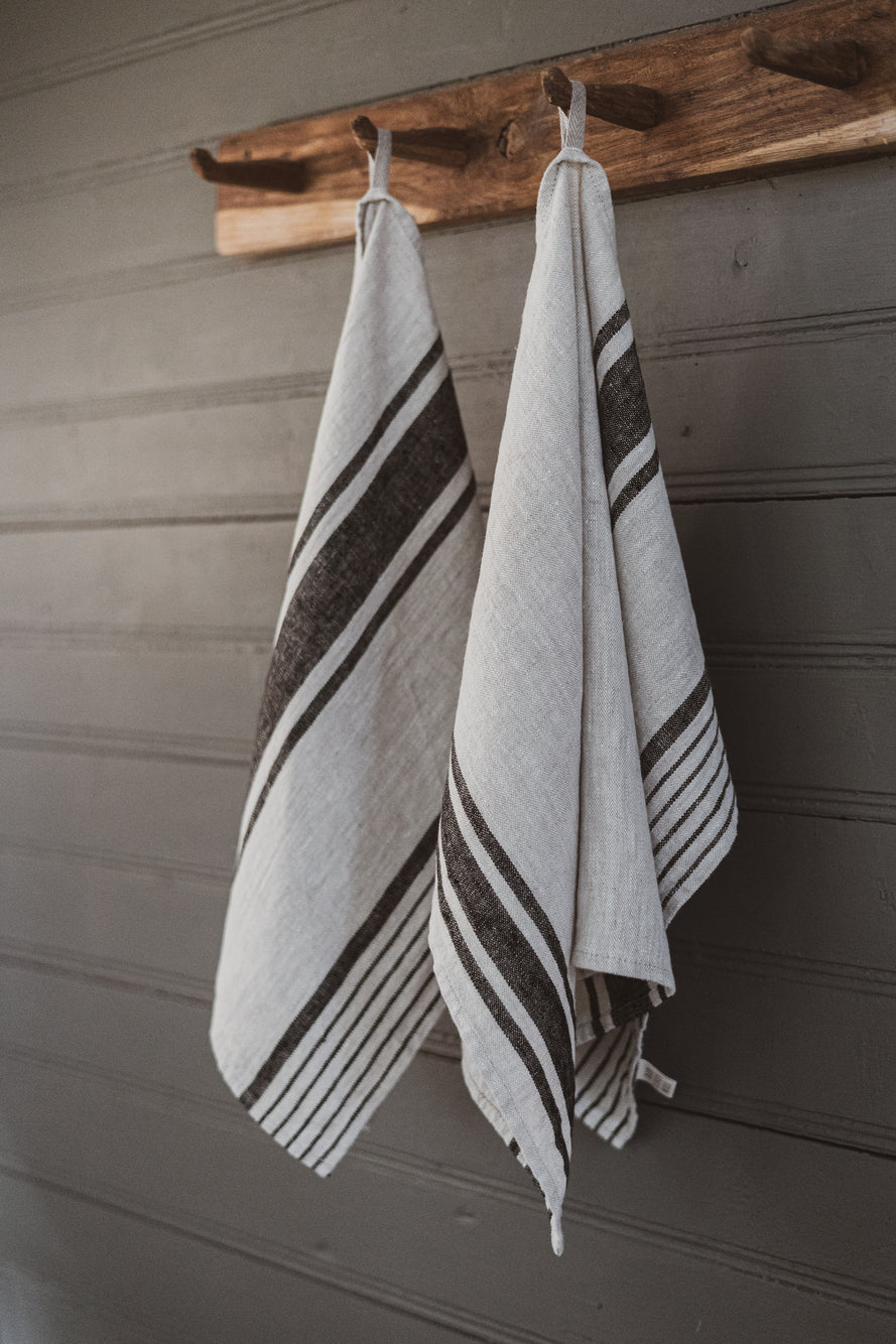 Linen Tea Towels – Set of 2 in Black Stripes TT50x70 Old Linen Mill