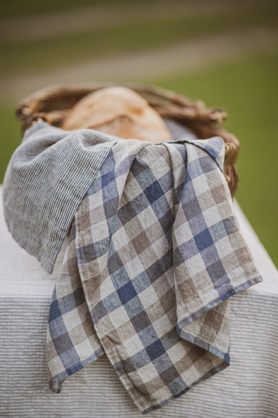 Linen Tea Towels Set of 2 In Blue Gray Gingham Checks TT50x70 Old Linen Mill