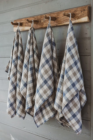 Linen Tea Towels Set of 2 In Blue Gray Gingham Checks TT50x70 Old Linen Mill