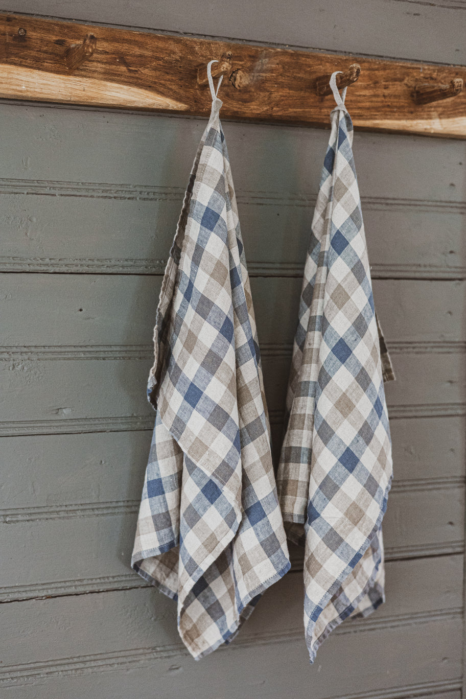 Linen Tea Towels Set of 2 In Blue Gray Gingham Checks TT50x70 Old Linen Mill