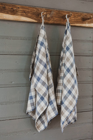 Linen Tea Towels Set of 2 In Blue Gray Gingham Checks TT50x70 Old Linen Mill