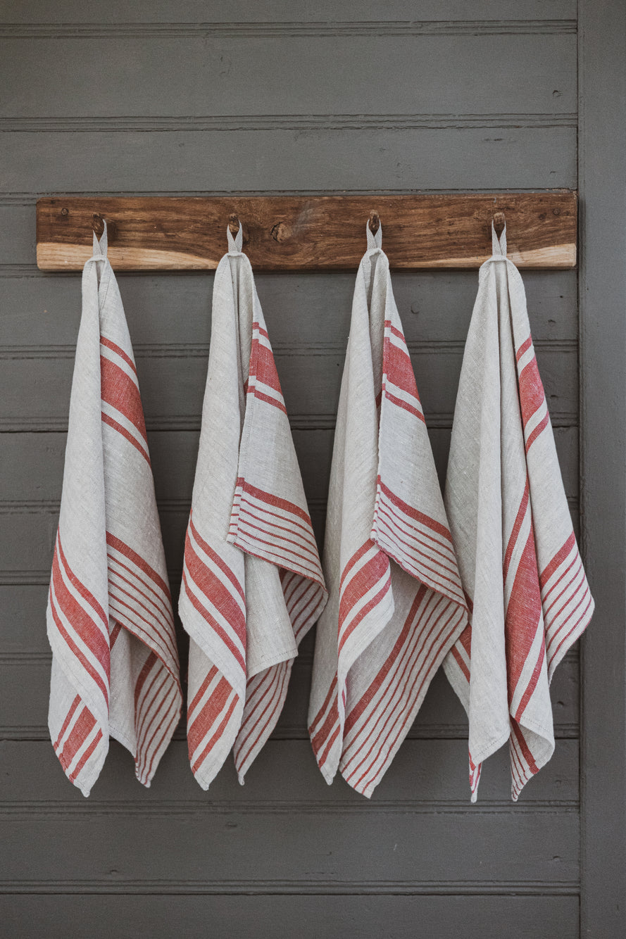 Linen Tea Towels – Set of 2 in Red Stripes TT50x70 Old Linen Mill