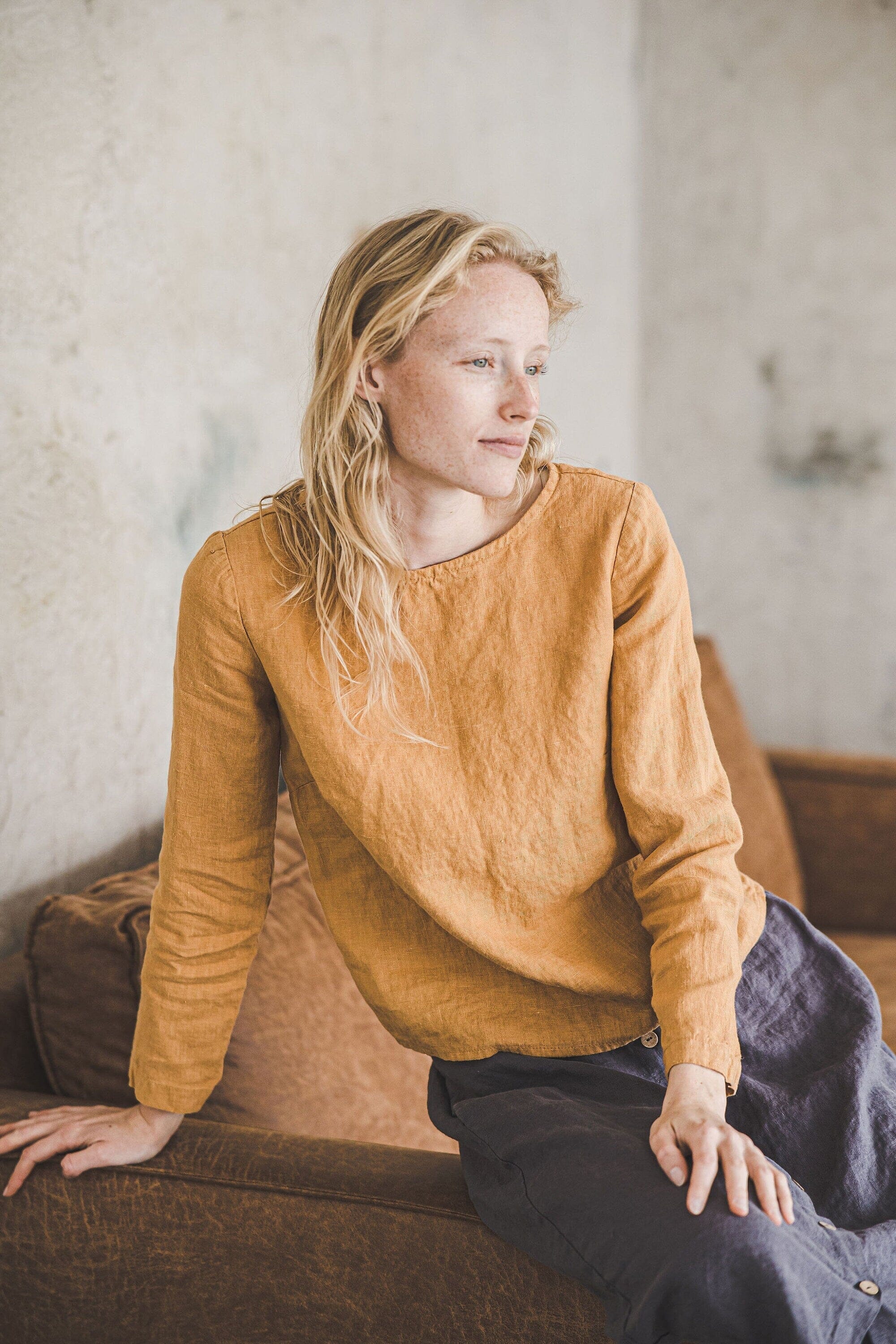 Linen Top Minimalist Long Sleeves Old Linen Mill Small Grey Checks XS 