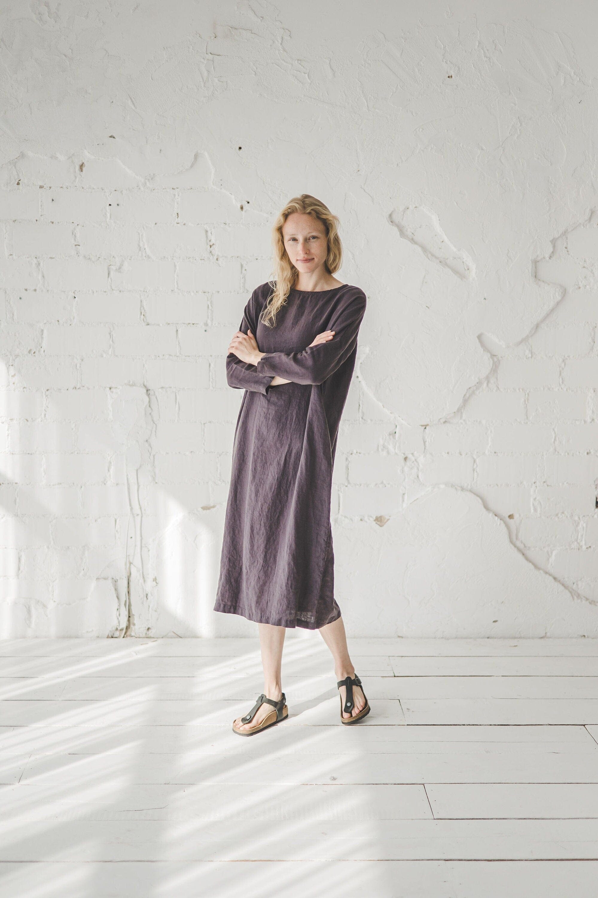 Linen Tunic Dress Loose Fitting Old Linen Mill Small Grey Checks XS/S 