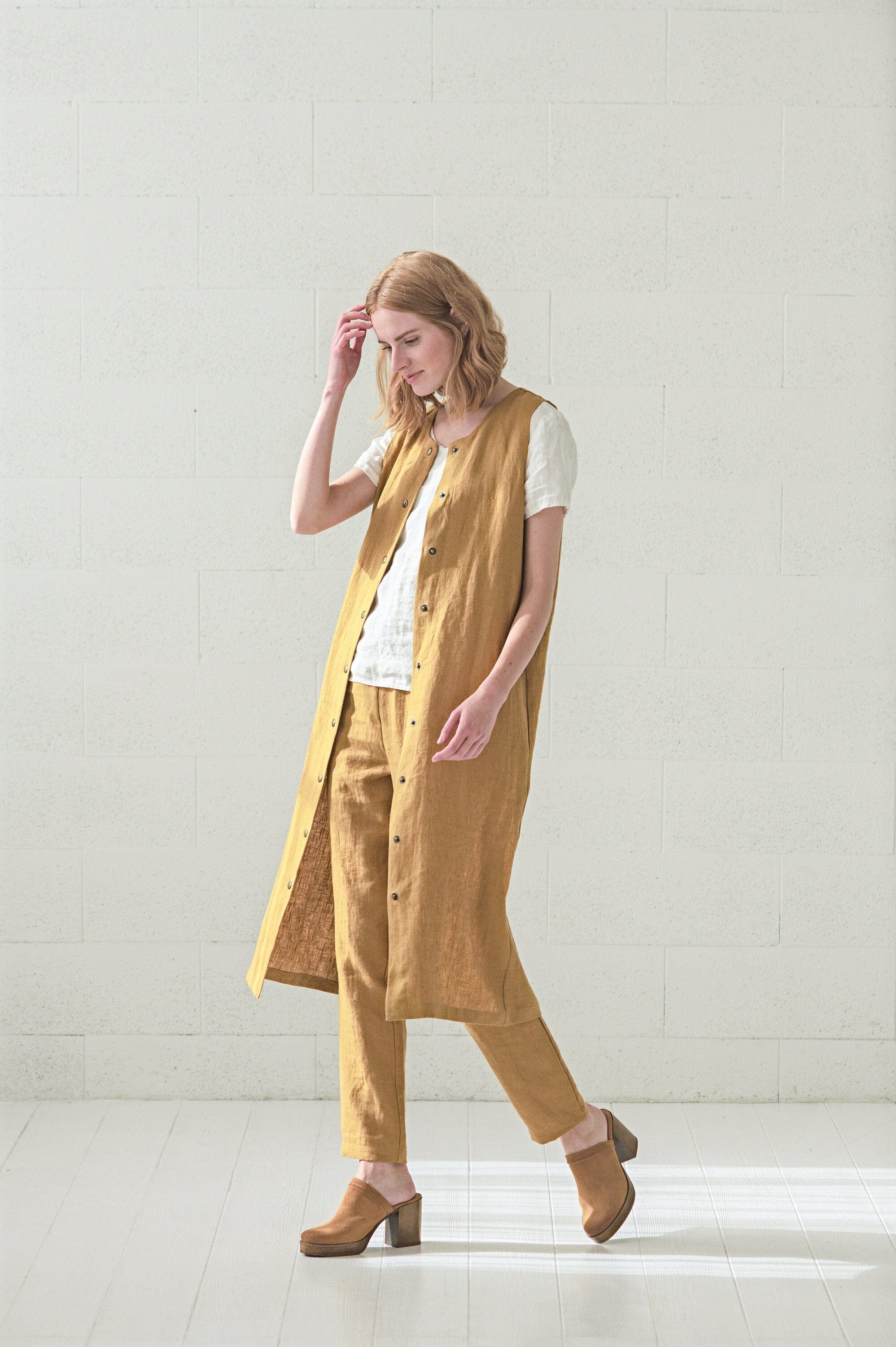 Linen Vest Button Down Long Jacket Old Linen Mill Heavy Solid Grey XS 