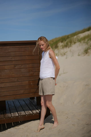 Linen Bow Back Top, sleeveless summer top, front side view