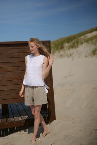 Linen Bow Back Top, sleeveless summer top, front view in motion