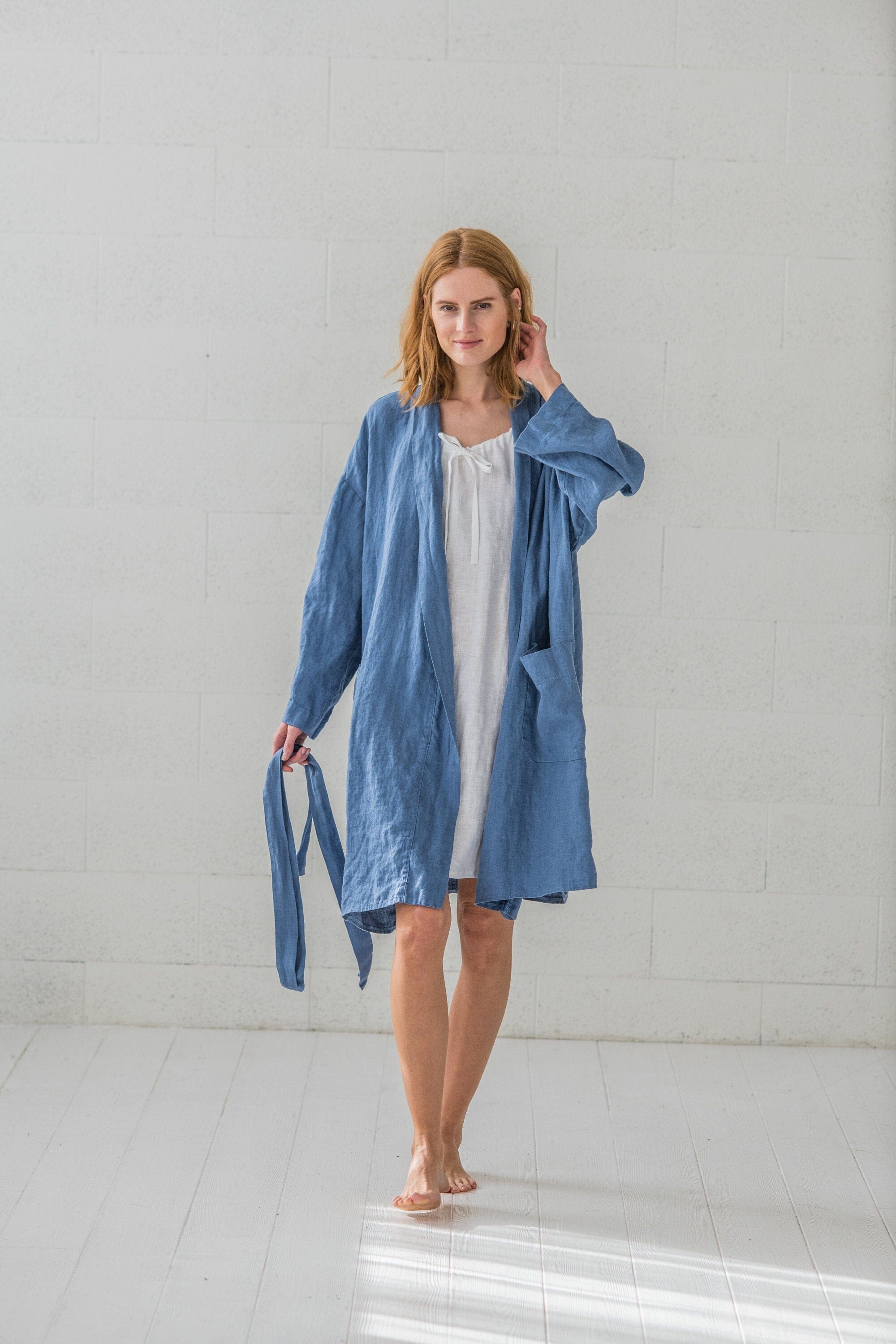 Long Linen Bathrobe Gift For Her Old Linen Mill Small Grey Checks 