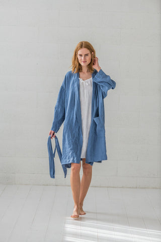 Long Linen Bathrobe Gift For Her Old Linen Mill Small Grey Checks 