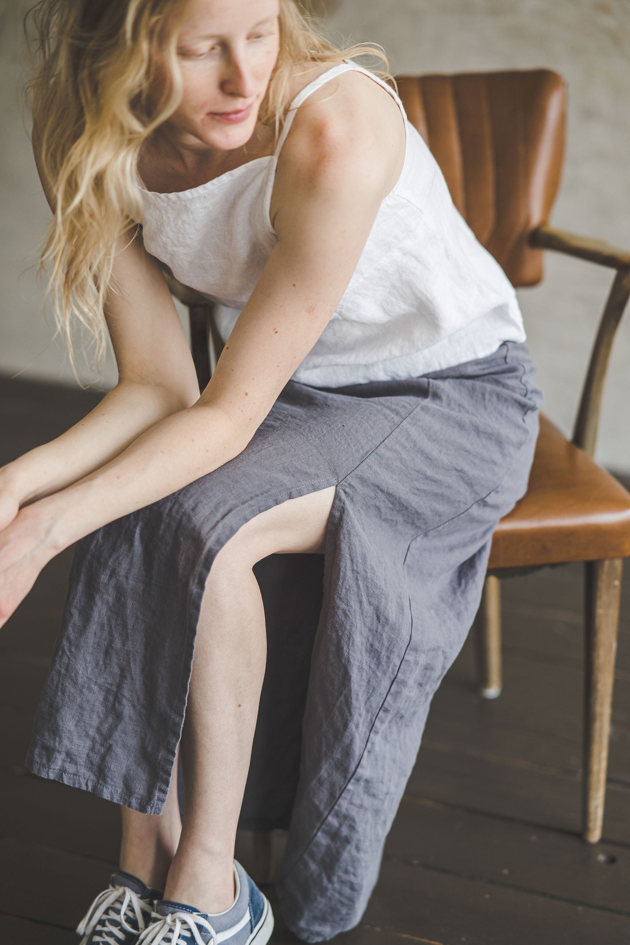 Long Linen Skirt With Front Slit Old Linen Mill