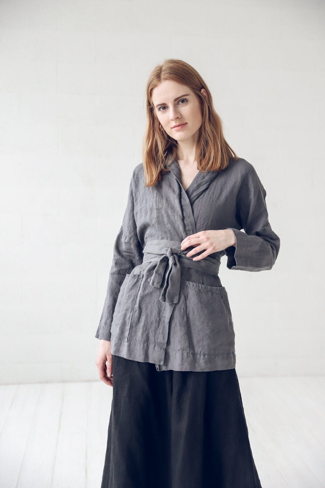 Long Linen Solid Gray Belt Accessory Old Linen Mill Small Grey Checks XS/S 