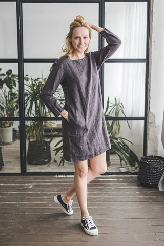 Long Sleeves Linen Tunic Dress Old Linen Mill Ivory XS/S 