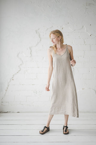 Long Slim Linen Dress Old Linen Mill Small Grey Checks XS/S 