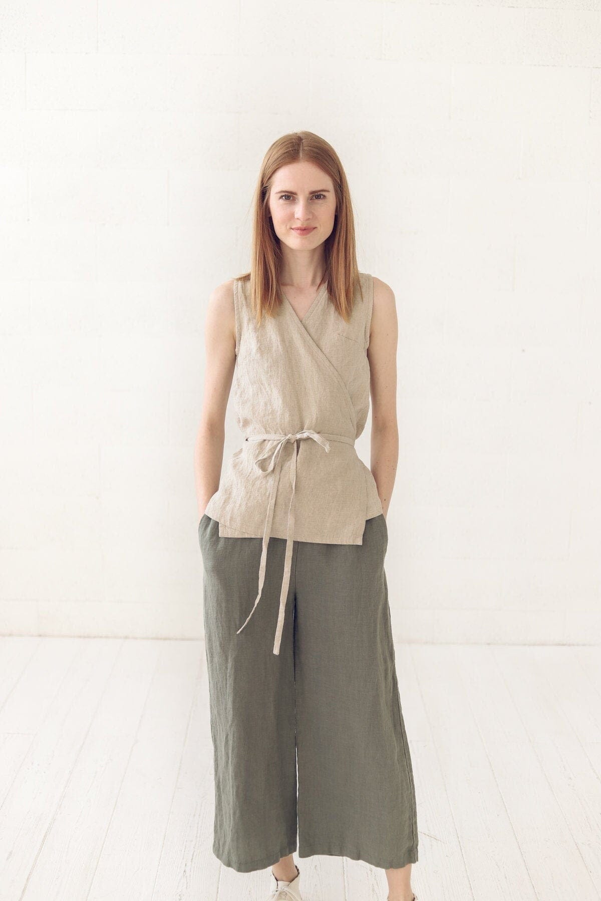 Long Tie Linen Wrap Top Old Linen Mill Small Grey Checks XS 