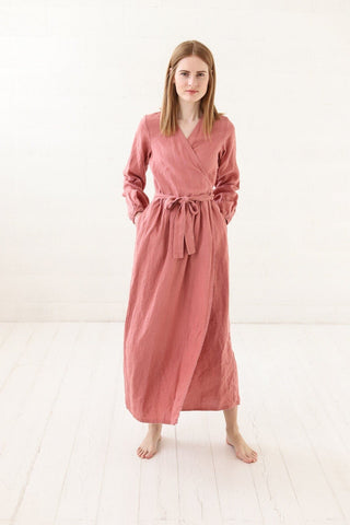 Long Wrap Linen Dress Old Linen Mill Small Grey Checks XS 