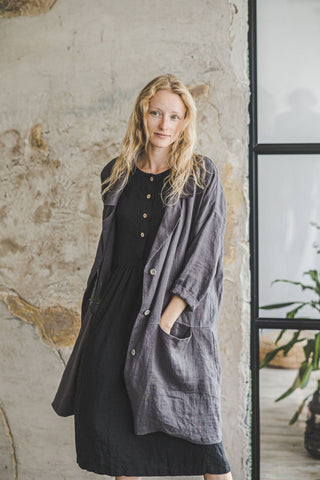 Loose Linen Jacket With Side Pockets C01 Old Linen Mill Small Grey Checks XS/S 