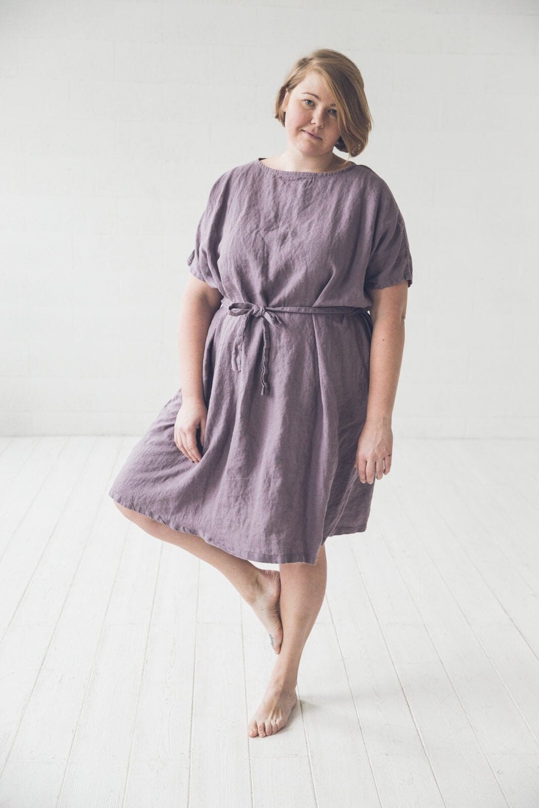 READY TO SHIP  Loose Linen Women Dress with Belt Violet Ash Old Linen Mill