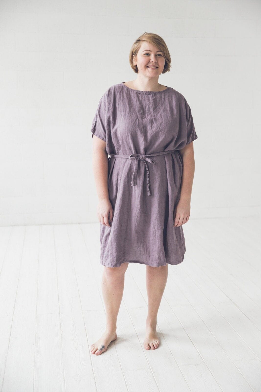READY TO SHIP  Loose Linen Women Dress with Belt Violet Ash Old Linen Mill