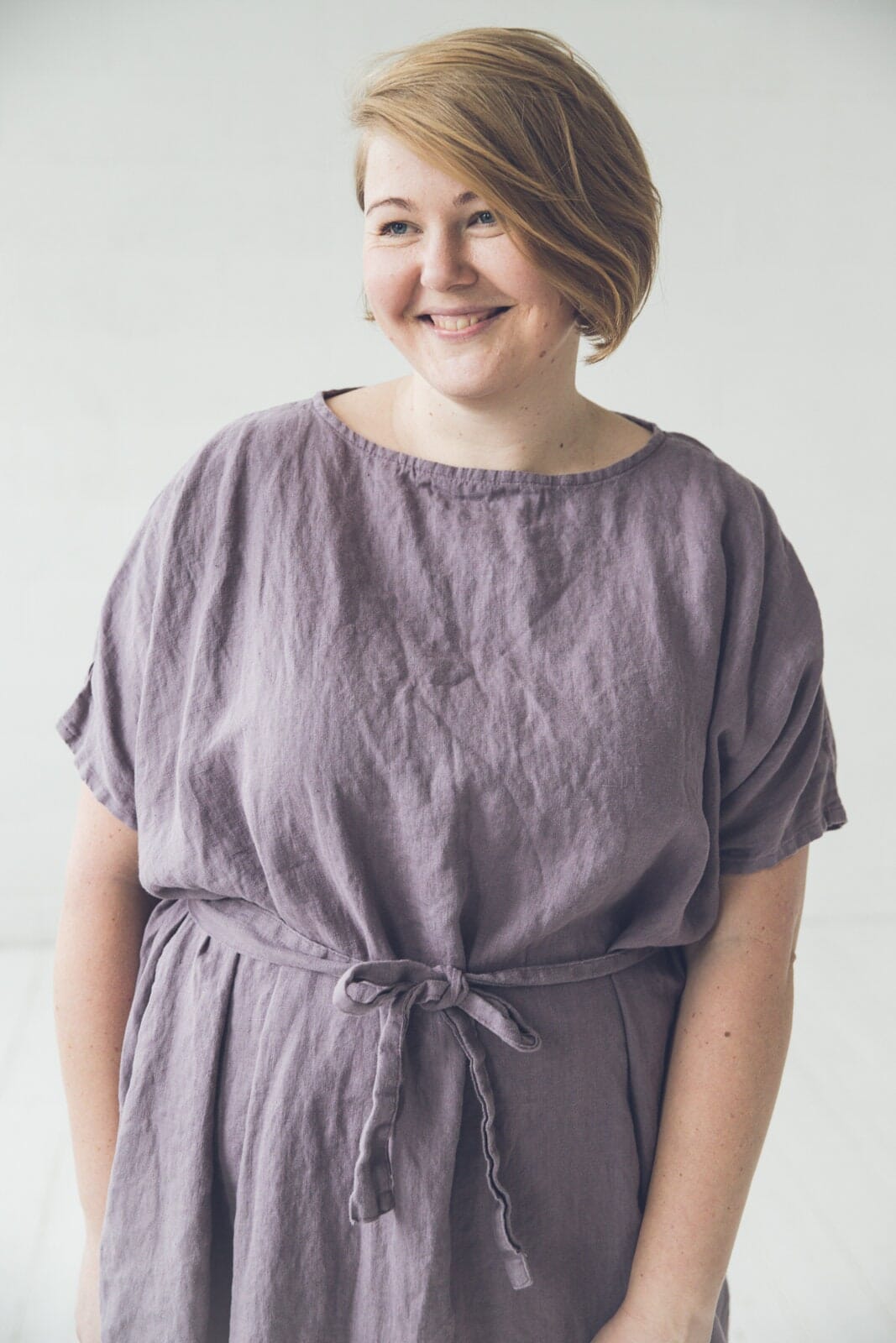 READY TO SHIP  Loose Linen Women Dress with Belt Violet Ash Old Linen Mill